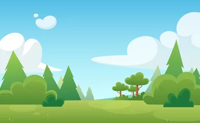 Foto op Plexiglas Cartoon achtergrond voor spel en animatie. Groen bos met blauwe lucht en wolken. Landschap. © yutthaphan