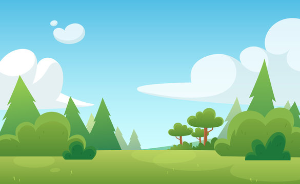 Cartoon background for game and animation. Green forest with blue sky and clouds. Landscape.