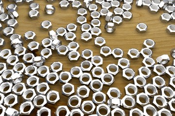 screw-nuts on wooden table - nice industrial 3D illustration, image for art using