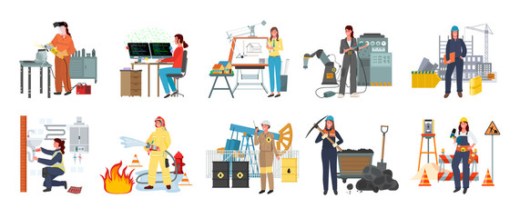 Women working as firefighter vector, lady building constructions flat style. Modern women set professional plumber and constructor workman isolated. We can do it ladies