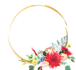 Bright Wedding bridal romanric frame wreath. Hand drawing watercolor red and purple and green flowers ornament