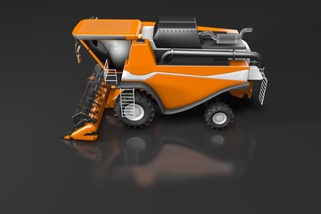 industrial 3D illustration of big modern orange rural combine harvester side top view with reflection on dark grey, mockup with place for your text