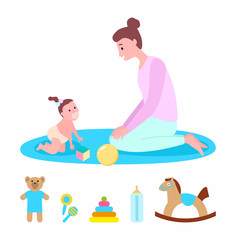 Toys set and baby with mother vector, mom and kid wearing diaper playing together. Plush bear and cone with circles, horse and bottle for feeding