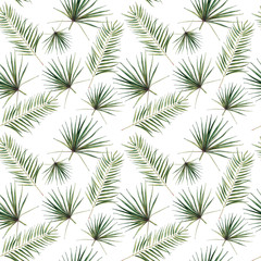 Fototapeta premium Watercolor seamless pattern with tropical leaves: palms, monstera, passion fruit.
