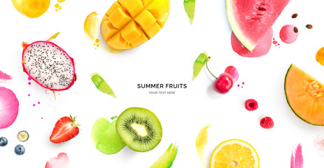 Creative layout made of dragonfruit, melon, watermelon, cherry, kiwi, strawberry, mango on the watercolor background. Flat lay. Food concept. - obrazy, fototapety, plakaty