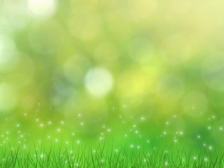 Summer and spring green background with grass. Abstract design with bokeh and sparkle.