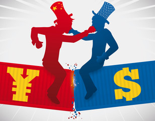 Chinese and American Men Fighting over Cargoes due Trade War, Vector Illustration