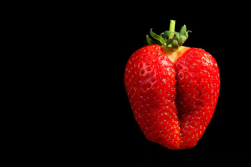 Close up of a funny shaped, ripe and juicy strawberry fruit, looking like a female butt, on a black...