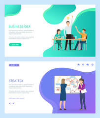 Successful team vector, people happy to have idea, strategy and planning of business activities. Office workers brainstorming by whiteboard info. Website or webpage template, landing page flat style