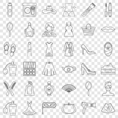 Woman icons set. Outline style of 36 woman vector icons for web for any design