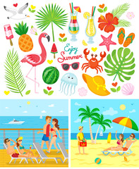 Enjoy summer paper card decorated by fish and beach wear isolated on white. Summertime holidays. Couples on cruise liner or lying on sand, summer business near sea, leisure vector