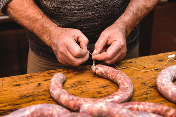 Handmade sausage preparation, Argentine tradition, Pampas, Patagonia