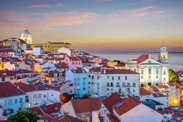 skyline of alfama at lisbon, portugal at dawn