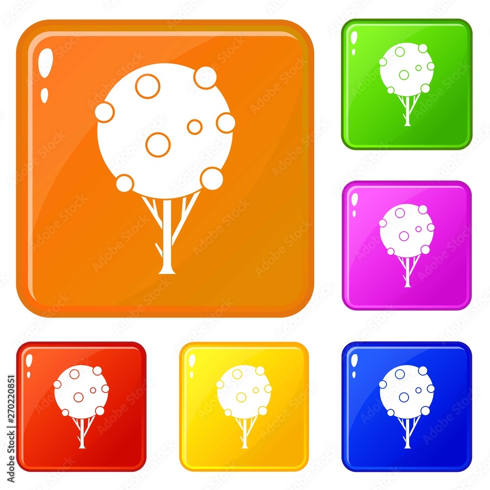 Poster tree with fruits icons set collection vector 6 color isolated on white background