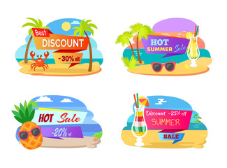 Discounts and price diminution vector, set of banners with crab and pineapple wearing sunglasses. Beverage in glass, cocktail with alcohol, beach
