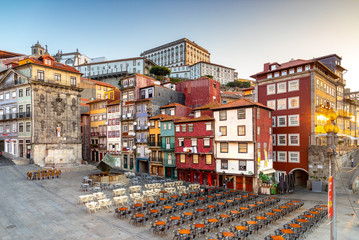 Colorful houses of Ribeira Square located in the historical center of Porto, Portugal - obrazy, fototapety, plakaty