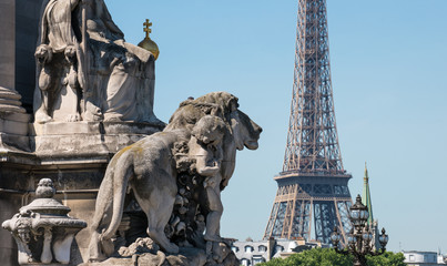 Statue 'La France de Charlemagne' by Alfred Lenoir at the Pont Alexandre III with Eiffel Tower,...