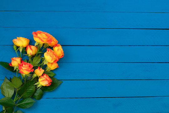 Background of bouquet of beautiful fresh vivid orange roses tinged with red for celebrating an anniversary, birthday or Mothers Day