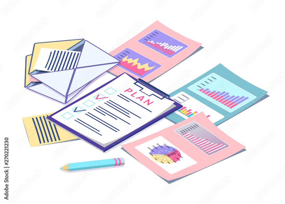 Poster digital marketing statistics and business planning vector. graphics and charts or diagrams, message 