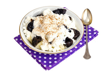 Cottage cheese, fruits, prunes. Health food