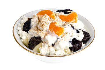 Cottage cheese, fruits, prunes. Health food