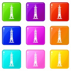 Navigate tower icons set 9 color collection isolated on white for any design