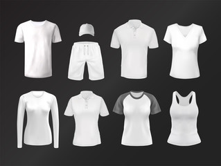 Vector white isolated clothing. Blank wear or clear, empty apparel for mockup. Background or template for clothing print.