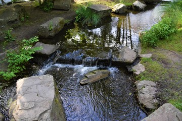 Small stream and in park tranquil nature landscape