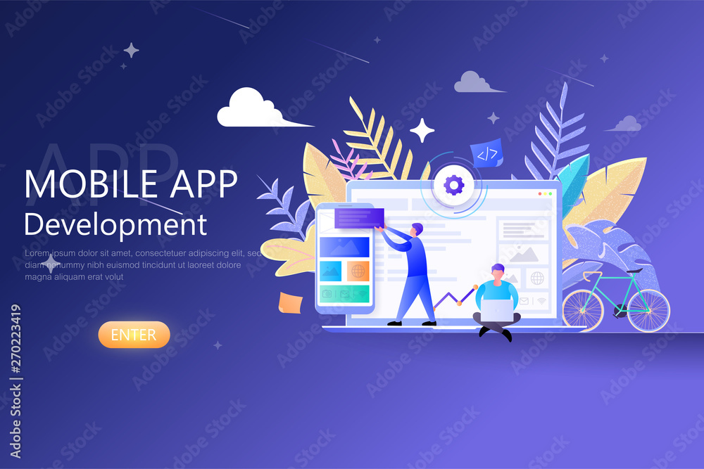Poster mobile app development modern flat design for web template , developers working on mobile
