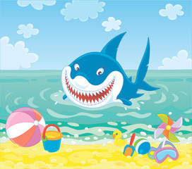 Funny great white shark swimming in blue water on a summer sea beach and friendly smiling, vector illustration in a cartoon style