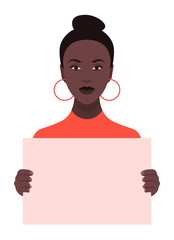 An African girl is holding a poster. Feminism and women's rights. A student is protesting. Vector flat illustration
