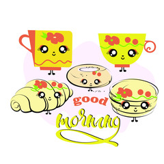 kawai food cup of coffee or tea with pastries and the words good morning on a colored background, greeting card, sticker, for design