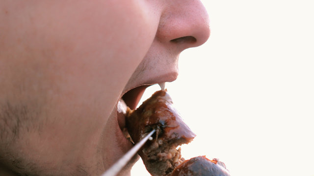 Young man eating shish kebab. Close up