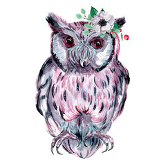 Watercolor owl with flowers. Hand drawn illustration