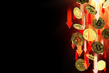 Red arrows pointing down as Bitcoin (BTC) price falls. Isolated on black background, copy space. Cryptocurrency prices decline concept. 3D rendering