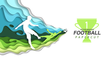 Paper cut football. Footballer kicks the ball into the goal. The goalkeeper catches the ball. Eps10 vector