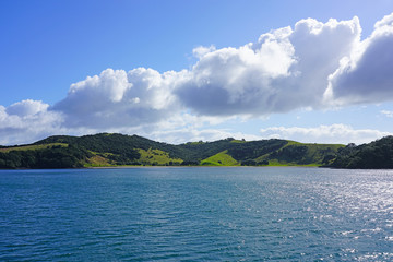 Landscape view from the water in the Bay of Islands on the North Island in New Zealand