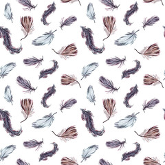 Watercolor seamless pattern with bird feathers
