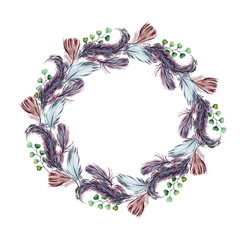 Watercolor wreath with feathers in boho style.