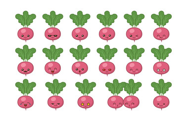 Radish cute kawaii mascot. Set kawaii food faces