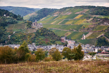 Aerial view to Bacharach town and hills of Rheinland-Pfalz land with river Rhine from tourist route