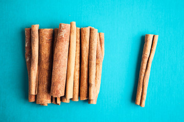 Set of cinnamon sticks on turquois background