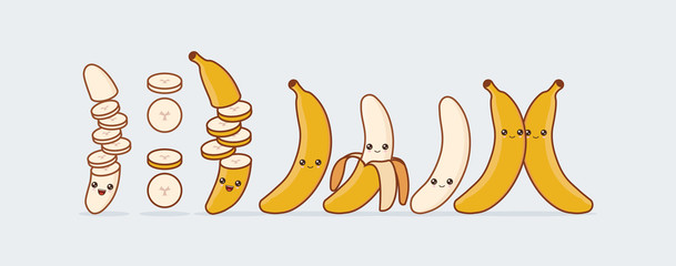 Banana set drawn cute kawaii food faces
