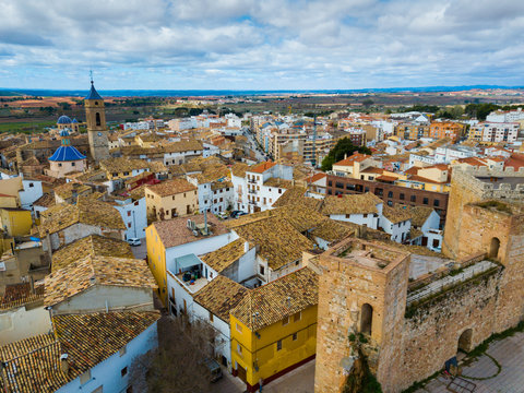 Castle towers and fortress in old town of Requena, Spain