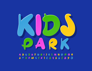 Vector bright banner Kids Park with colorful Uppercase Font. Handwritten Alphabet Letters and Numbers