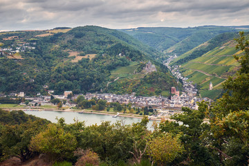 Fototapeta na wymiar Aerial view to Bacharach town and hills of Rheinland-Pfalz land with river Rhine from tourist route