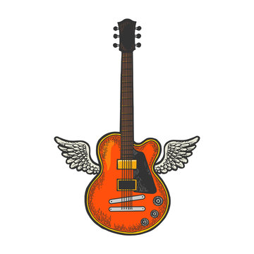 Flying Electric guitar with wings color sketch engraving vector illustration. Scratch board style imitation. Black and white hand drawn image.