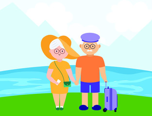 Grandparents travel. An elderly couple goes on a trip. Vector illustration in flat style.