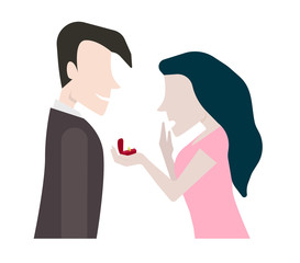 Isolated couple with an amazed woman receiving an engagement ring. Flat style vector illustration.