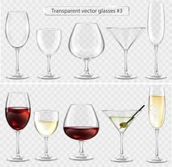 Set of transparent vector glass goblets for wine bar. Drinks of wine, brandy, champagne, martini 